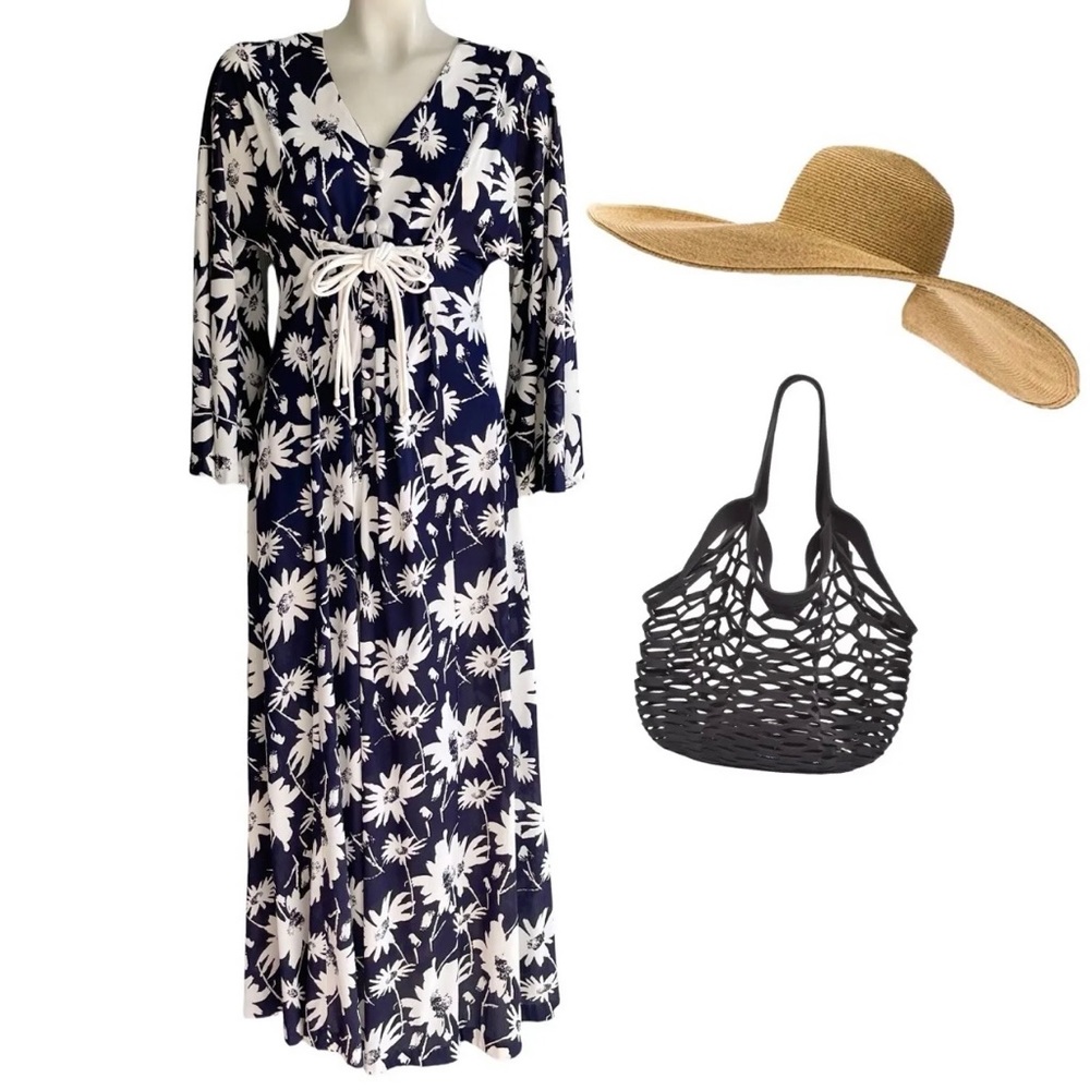 SANDCASTLE SWIMWEAR VINTAGE NAVY WHITE FLORAL COVERUP DRESS SZ S